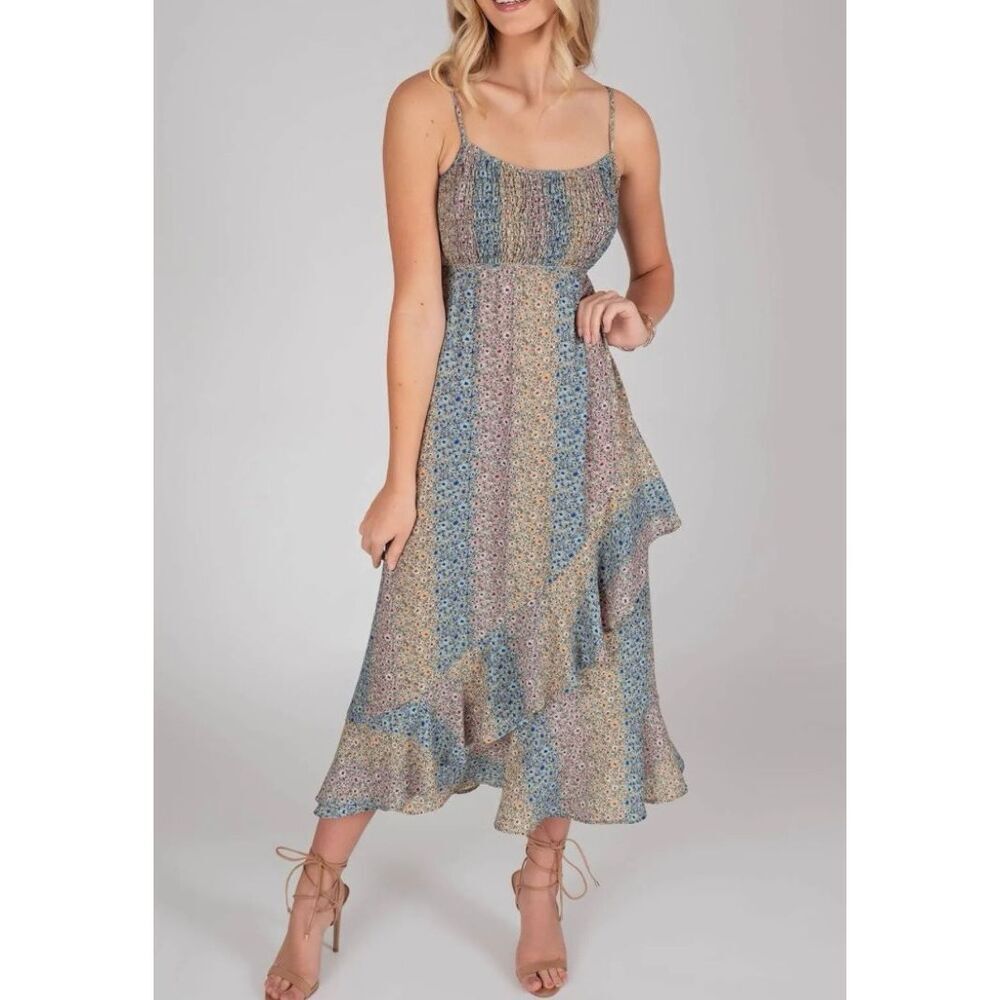 Speechless floral smocked ruffled hem midi dress large